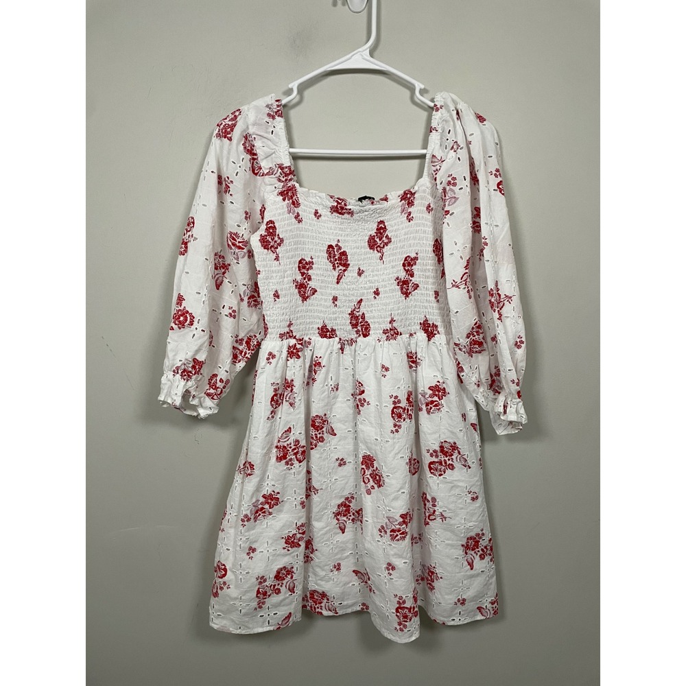 Meadow Rhodes Floral Eyelet Smocked Babydoll Puff Sleeve Dress Size Large